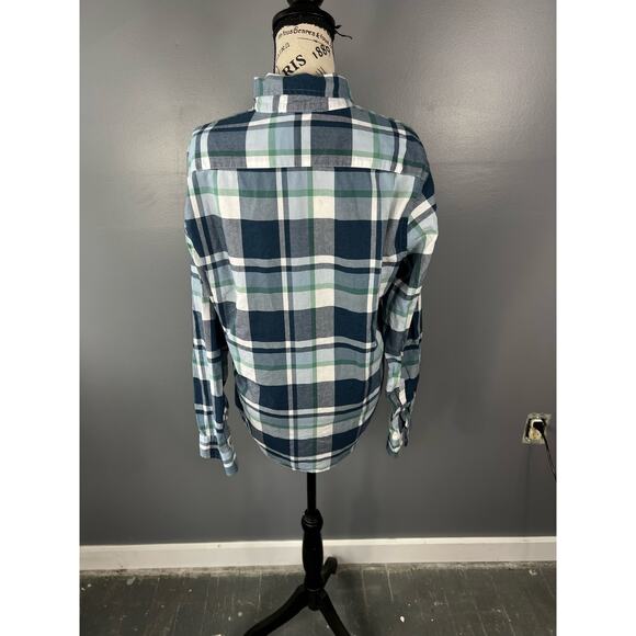Men's Express Slim fit Soft wash blue white and green button up plaid shirt - Picture 2 of 8